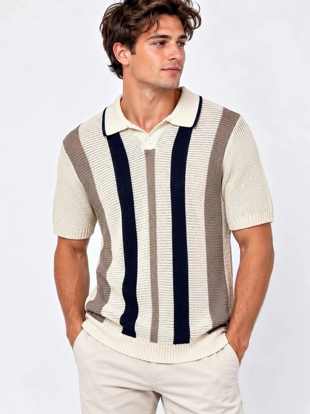 ROUGH Los Angeles Mens L Retro Y2K Striped Knit Polo Sweater